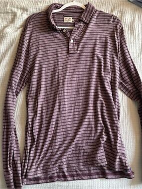 Faherty Long-Sleeve Striped Polo in Burgundy and Gray